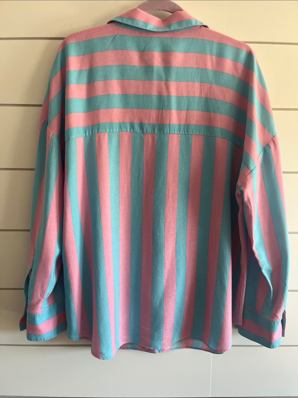 Zara Linen Blend Relaxed Vertical Stripe Button-Down in Pink and Teal Size XL - Picture 5 of 7